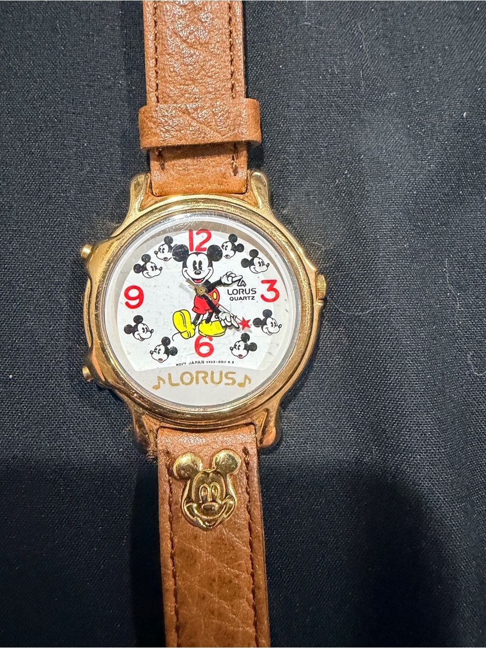 Vintage Lorus Disney Mickey Mouse Musical Watch V422-0017 Brown & Gold no batter
